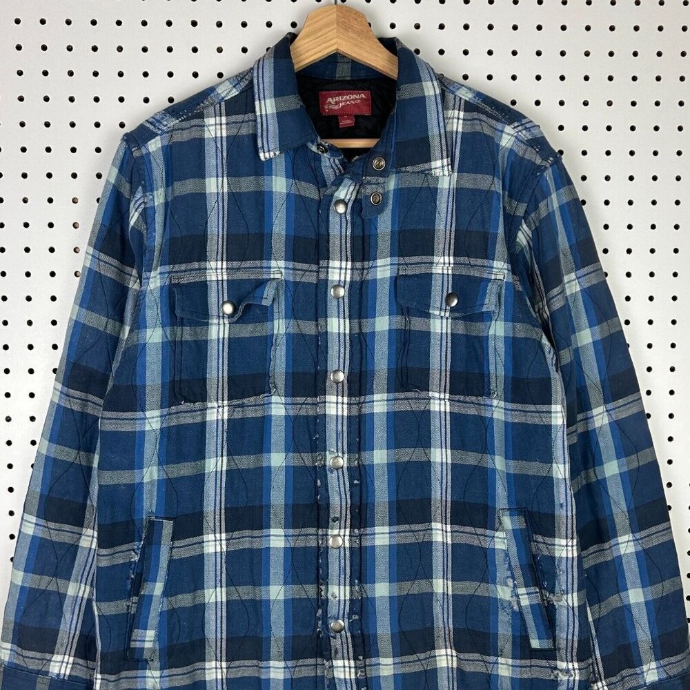 Arizona Plaid Shacket Jacket Size Medium Blue Whiteβ Work Wear Distressed Worn